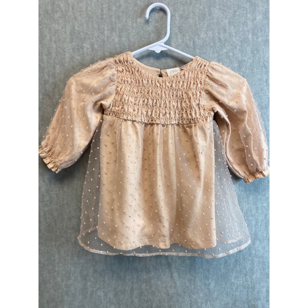 Zara Baby Girl Dress Smocked Bodice Swiss Dot Tulle Long Sleeve Pink 12-18M